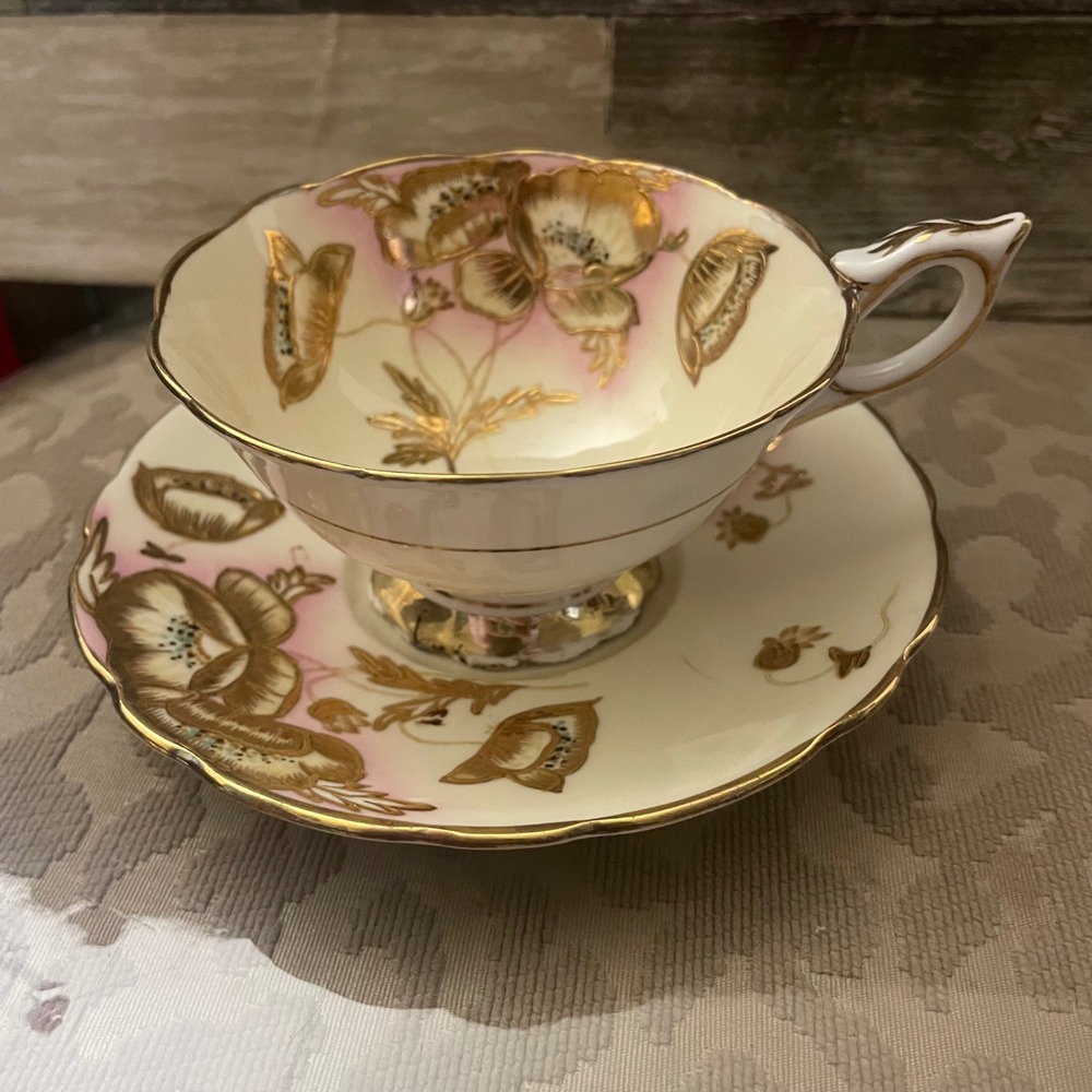 Royal Stafford Bone China Teacup Saucer Pink Gold Gilt Floral Poppy England 8571